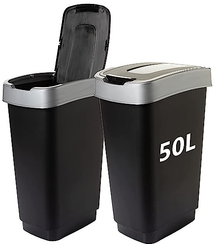 SUSTANIA 2er Mülleimer Küche 50L - Abfalleimer mit Schwingdeckel, 50 Liter, 60x45x34 cm, Robust Recycelbarer Kunststoff, Schwarz/Silber, Made in EU