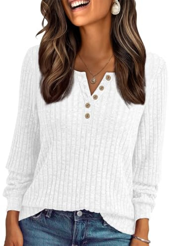 AirMood Women Dressy Casual Long Sleeve Ribbed Tshirts Tunic Tops Loose Fit Sweatshirts Shirts (White,M)