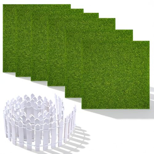 6Pcs Fake Grass Mat 15 x 15 cm, Realistic Artificial Lawn with Miniature Wooden Fence 90x5cm, Mini Garden Lawn Ornament for Fairy Terrarium Doll House Bonsai Toy Farm Micro Landscape (A)