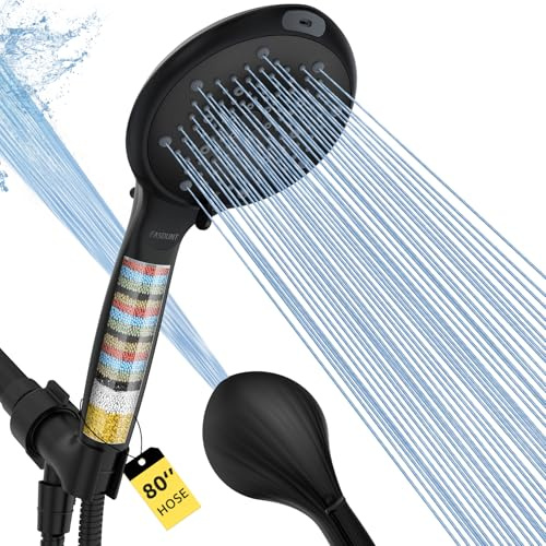FASDUNT Filtered Shower Head with Handheld, High Pressure 8-Mode Handheld Showerhead with Filters for Hard Water -Remove Chlorine, Built-in Power Wash, 80 Long Hose & Adjustable Bracket, Black