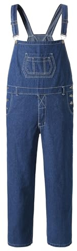 YOUTHUP Men's Blue Denim Dungarees Casual Fashion Straight Jeans Multiple Pockets Overalls Work Wear Dungaree, Dark Blue, L