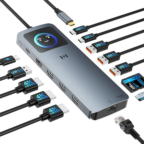 USB C Docking Station 3 HDMI 13 in 1 Laptop Dockingstation 3 Monitore | USB-C Hub mit 3x HDMI 4K, 2,5G Ethernet, PD 100W, 5x USB 3.1 10Gbps, USB 2.0, Smart Display, SD/microSD für Dell HP