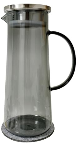 HASAYAKI Glaskrug 1,5L, Karaffe aus Borosilikatglas mit Edelstahldeckel, Schwarz, 24x11cm, Tropffreier Ausguss, Temperaturbeständig -20°C bis 150°C, inkl. Matte