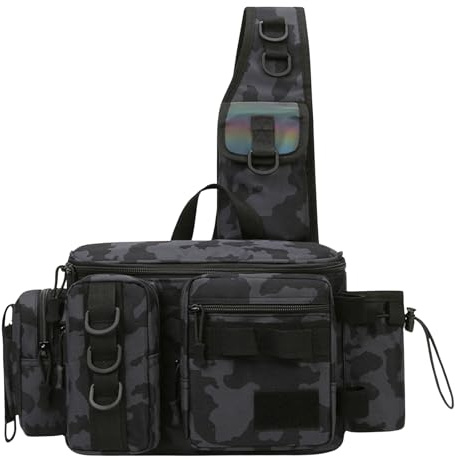 Zimoer Borsa Tracolla da Pesca, Borsa per Attrezzatura da Pesca con Porta Canna, Zaino Impermeabile per Escursionismo, Caccia, Campeggio, Attività all'aperto (Nero Mimetico)