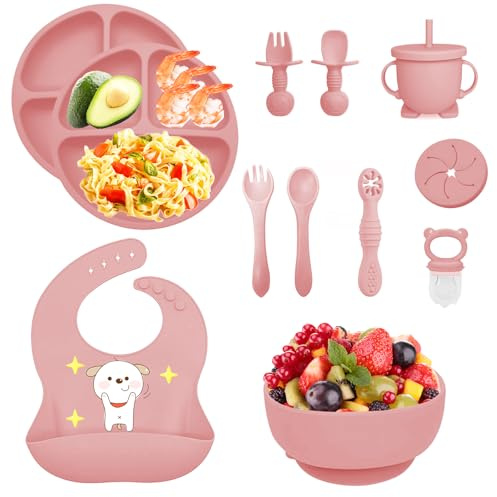 12 Pezzi Set Pappa Svezzamento, Svezzamento Set Silicone Piatto,Set Pappa per Bambino,Set di Posate per Bambini Antiscivolo con Ventosa Piatto Ciotola Tazza Bavaglino Cucchiaio Forchetta (Rosa chiaro)