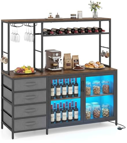 TANGZON Wine Bar Cabinet with LED Lights & Power Outlets, 2 Door Sideboard | 4 Fabric Drawers, Wine Rack, Bottle Holder & Hooks, Drinks Storage Cupboard Unit for Home Bar Kitchen