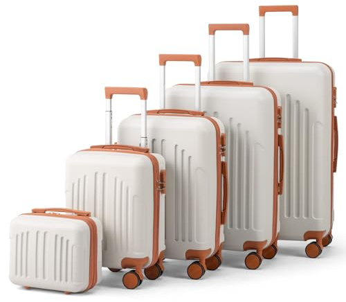 LALAHO Kofferset Koffer Set 5 teilig mit Kosmetikkoffer (Beige-Braun) | Hartschalen Koffer Set aus ABS, Reisekoffer Set, Gepäckset mit Schminkkoffer, Handgepäck