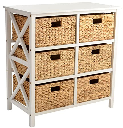 eHemco 3 Tier X-Side End Storage Cabinet, Table with 6 Wicker Baskets for Bedroom, Living Room in White