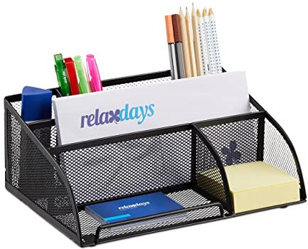 Relaxdays Schreibtischorganizer 5 Ablagen, kleiner Büroorganizer, Metallgeflecht, Stifteköcher, Briefablage, schwarz, 18 x 25.5 x 10.5 cm