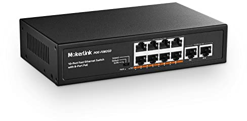MokerLink 10 Port PoE Switch, 8 PoE+ 100Mbps, 2 Gigabit Uplink, 96W 802.3af/at, Lüfterloses Plug & Play Ethernet Switch