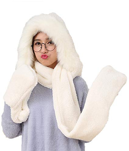 Nwcl 3-in-1 Damen Kapuzenschal mit Fäustlingen, Neckwarmer Hoodie Tasche?Winter Super Weichem Plüsch Volle Haube Warm Thermal Fleece Hüte mit Ohren, Tasche, Schal (White)