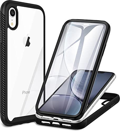 CENHUFO Case Compatible with iPhone XR, Built-in Screen Protector, Military Grade Protection, Shockproof Clear Cover, 360° Full Body Protective Case for iPhone XR 6.1 inch (Black)