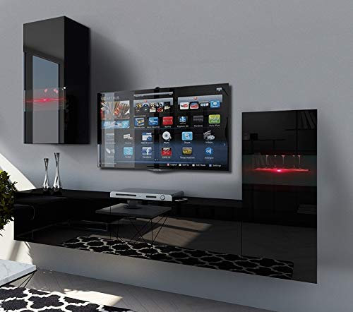 Furnitech Wohnwand Wohnzimmer | Wohnzimmer Möbel mit LED RGB - 16 Farben | Hängend Wohnwand Modern | Wohnzimmer Schrankwand mit Regale und TV Schrank (Future 53/HG/B/1 1A)