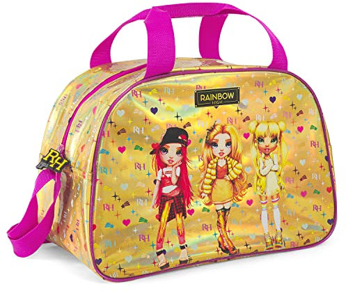 PERLETTI Borsone Palestra Rainbow High Sfondo Olografico Oro e Viola - Borsa Viaggio con Stampa Ruby Sunny Poppy con Glitter - Sacca Sportiva per Danza Piscina Viaggi e Tempo Libero - 28x41x21 cm