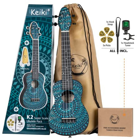 Ortega Guitars Soprano Super Scale Ukulele Akustisch – Keiki K2 Series – Inklusive Zubehör – Agathis, ABS, Blue Kaleidoscope (K2SS-BKC)