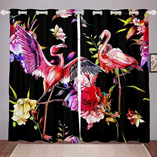 MTBDyyds Verdunkelungsvorhänge 3D Drucken 280X260Cm Bunt Blume Flamingo Verdunklungsvorhänge Kinderzimmer 2 Stück Vorhang Blickdicht Ösenschal Kindergardinen Junge Verdunklungsgardine