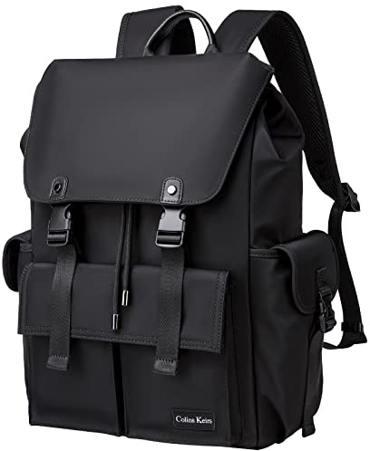 Colins Keirs Black Backpack for Men, 16 Inch Laptop Backpack with Computer Compartment, Drawstring Slim Waterproof Tech Backpack for Travel, Work, College or Daily Use