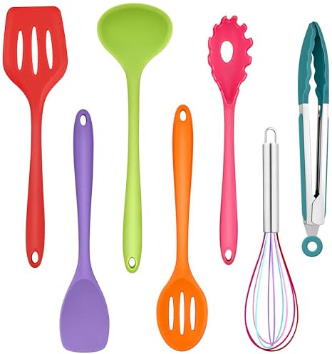Homikit Küchenhelfer Set, 7-Teiliges Silikon Küchenutensilien Kochutensilien Set, Hitzebeständiger Antihaft Kochbesteck Kochgeschirr Set, Gesund/Spülmaschinenfest, Bunt
