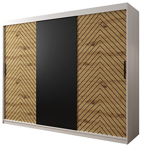 ABIKSMEBLE Armoire à Portes Coulissantes Jodełka 250 à Lattes Avec Tringle et Étagère Pour Chambre à Coucher (Blanc Mat + Chêne Artisan + Noir Mat, Tiroirs: 0)