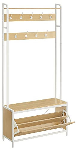 VASAGLE Garderobenständer mit Schuhschrank, Garderobe mit Sitzbank, Kleiderständer, Schuhkipper, 9 Haken, obere Ablage, für Flur, Schlafzimmer, modernes Design, eichenfarben-weiß HSR405W09