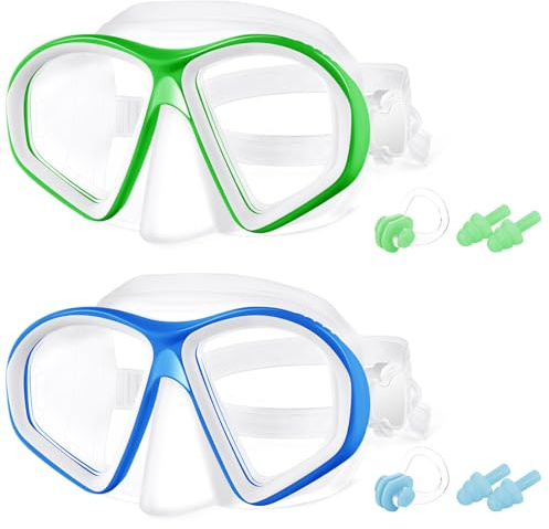 flintronic 2Pcs Kids Swim Goggles, No Leak Swimming Glasses with 180° Clear View, Anti-Fog Diving Goggles with Earplugs & Nose Clip, Anti-UV Swimming Goggles for Children Aged 4-12 (Blue+Green)