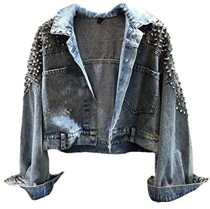 Hdhdeueh Damen-Jeansjacke, Nieten, Streetwear, langärmelig, Taschen, Jeansjacken, Outwear, hellblau, L