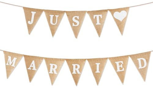 Bannière JUST MARRIED Fanion Toile de Jute, Drapeaux Triangle Bannière Vintage pour Mariage, Deco Mariage Champetre Guirlande Fanions Guinguette Decoration Intérieure et Extérieure