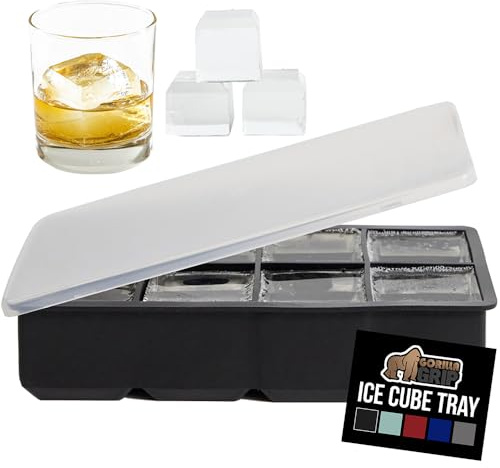 GORILLA GRIP Slow Melting Large Silicone Ice Cube Tray for Freezer, Easy to Push 8 Giant Square Cubes, Use for Cocktails, Iced Coffee, Water Bottle, Frozen Puree, Kitchen Bar Essentials, 1 Pack, Black