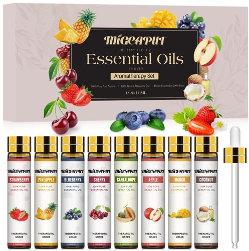 Migcaput Set de Aceites Esenciales Frutas 8 x 10ml, 100% Natural Aromaterapia Aceite Esencial para Humidificador Difusor, SPA, Masaje - Fresas, Cantalupo, Arándanos, Cerezas, Coco, Manzanas, Mangos