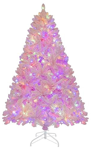 RELAX4LIFE 180 cm Künstlicher Weihnachtsbaum mit Beleuchtung und Schnee, Tannenbaum mit 350 mehrfarbigen LEDs & 8 Modi & 808 Zweigspitzen, aus PVC, Metallständer, klappbarer Christbaum für Deko, Rosa