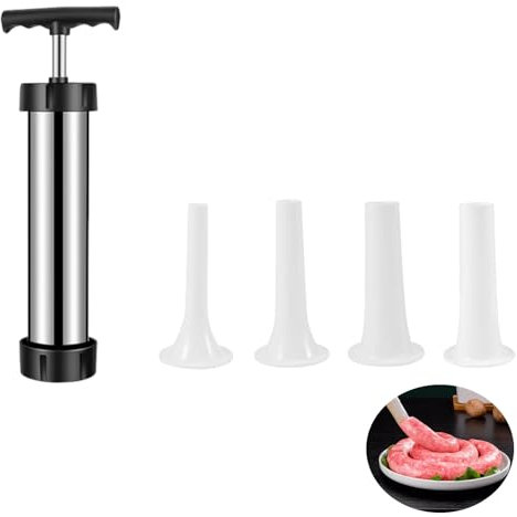 Xinlie Embutidos Manual de Acero Inoxidable Herramienta para Rellenar Salchichas Herramienta de Llenado de Salchichas con 4 Boquillas Domésticas,Adecuado para Cocinas Domésticas,Cocinas de Bricolaje