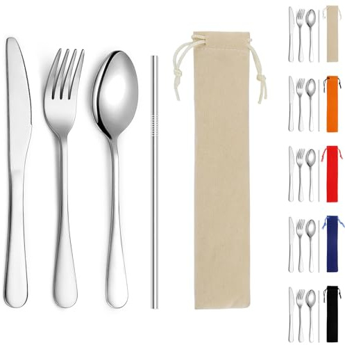 Kyraton Campingbesteck, inklusive Messer, Gabel, Löffel, Stroh, für Outdoor, Picknick, Camping, Reisen, spülmaschinenfest, Satz mit 4 Stücken