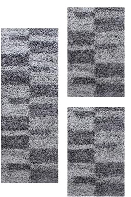 Carpetsale24 Bettumrandung Schlafzimmer 3 teilig Shaggy Hochflor Teppich Grau Bettvorleger Schlafzimmer Bettset: 2 St. 80x150 cm | 1 St. 80x250 cm - Flauschiger Teppich Läufer Set Kariert Design
