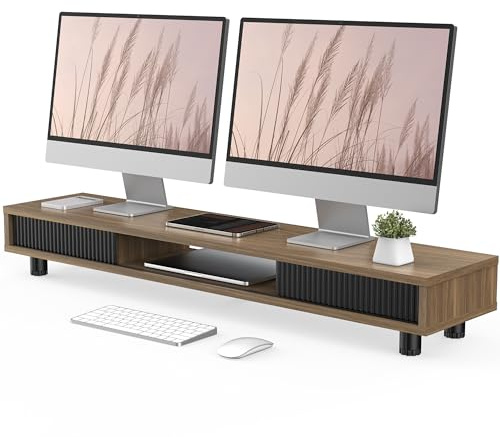 Fenge Dual Monitor Stand, 42.5inch Long Monitor Stands Riser for 2 Monitors, Sliding Door with Storage Organizer Stand for Desk, 2 Tier Desk Shelf for Laptop, Pc, Printer, Computer, TV