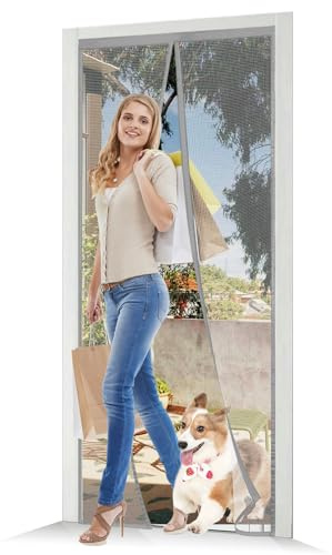 JOY2SEE Fliegengitter Balkontür Magnet 100x205cm, Aktualisierte Version Fliegengitter Tür, Graue Magnetvorhang Insektenschutz, Ohne Bohren