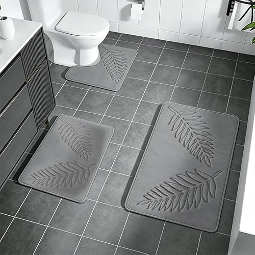 Xafrstyu Badezimmerteppich Set 3 Teilig, Duschmatte Badematte rutschfest, Weiche Badvorleger Saugfähige Duschvorleger, 40×60cm Badvorleger, 40×50cm WC Vorleger, 50×80cm Kleiner Badematten (Grau-a)