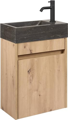 Saqu Florence Gäste WC Waschbecken mit Unterschrank 40,5x22x55 cm - Eiche - Vormontiert - Springbrunnen aus hartem Stein - Rechts