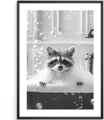 MJ-GRAPHICS® | Badezimmer Deko Bilder - Waschbär-Badezimmer Deko Bild Schwarz-Weiß | Witzige Wanddekoration für Toilette - lustige Wanddeko - WC Toilette Deko| Din A3 Qualitätsdruck - ohne Rahmen
