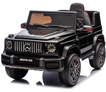 FINOOS Mercedes G63 AMG XL 24V Elektroauto für Kinder, 4x4 elektrische Kinder elektroauto mit Fernbedienung, Ledersitz, Gummi-Reifen (EVA), Bluetooth, 2 + 1 Geschwindigkeitsstufen, Hupe, LED (Schwarz)