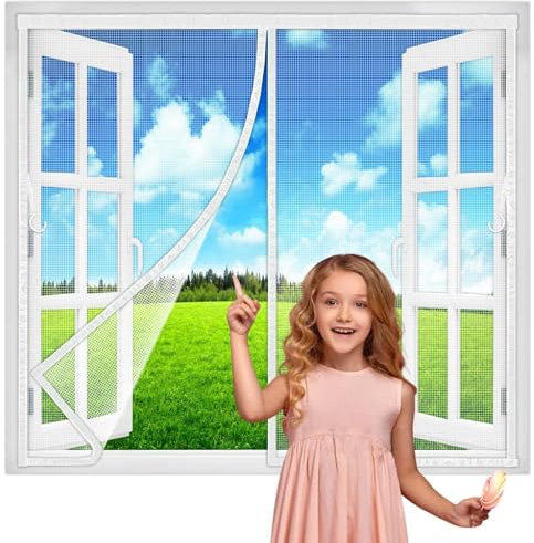 Fliegengitter Fenster InsektenschutzFenster Insektenschutzrollo SchiebeFenster 200x170 cm, mit Full Frame Klettverschluss & Eingenähten Gewichten, Bausatz Weiß Neuste-Version