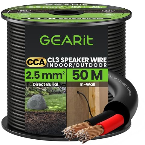 GEARit 2x2.5mm² Speaker Cable, CL3 In-Wall Rated CCA Speaker Wire 14 Gauge, 14AWG 2 Core Audio Cable for Home Cinema, Outdoor Direct Burial, Garden Speakers and Car Stereo- 50M, Black