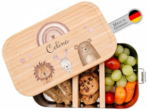 wunderwunsch® - Personalisierte Brotdose für Kinder - Robuste und Individuelle Edelstahl Brotdose mit Namen - Personalisierte Geschenke für Kinder (klein Edelstahl,Regenbogen rosa)