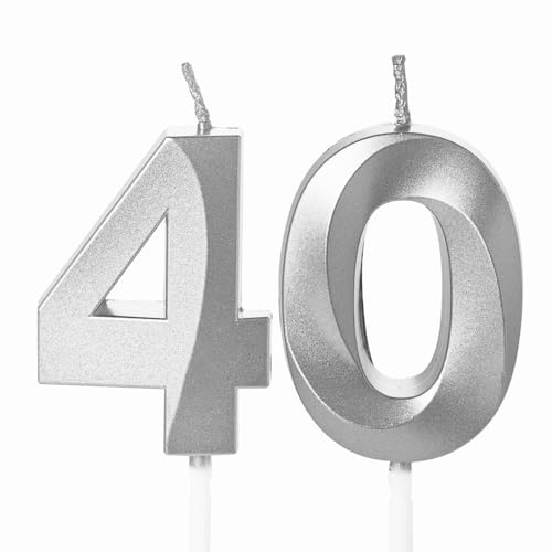 Lot de 40 bougies en forme de chiffre, argentées, décoration de gâteau pour enfant, garçon, anniversaire de mariage (40)