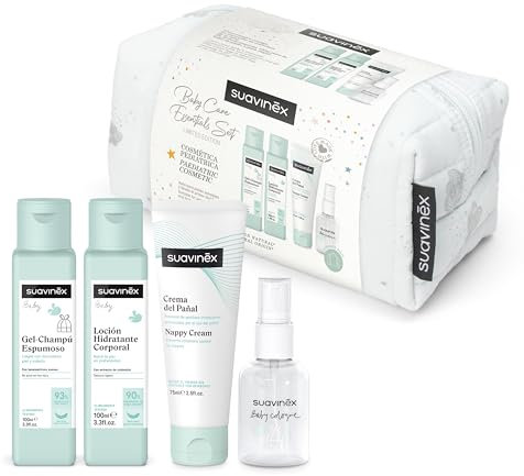 Suavinex, Neceser para Bebés de Tela, Set Regalo Bebé Recién Nacido con Cosmética: Gel Champú 100 ml + Loción Hidratante 100 ml + Crema Pañal 75 ml + Baby Cologne 50 ml. Formato Viaje. Azul Dreams