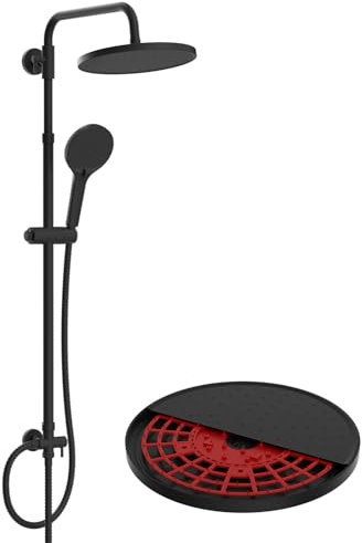 Hibbent Duschsystem mit Selbstreinigung, Runder Brause, Edelstahlschlauch, Duschkopf & Handbrause，Mattschwarz