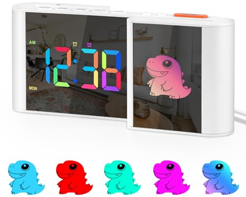 Alarm Clock,Alarm Clocks Bedside with Cute Cartoon,7.2''Large Mirror Clock,11 Colors Digital,10 Colors RGB Cartoon,Week Display,Auto Dimming,Dual Alarms,USB Port,5 Levels Volume for Bedroom Home Decor