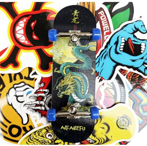 OLLIE TRICK Finger skate professionale in legno finger skateboard per dita con accessori in confezione regalo e 20 stickers (dragon moon)