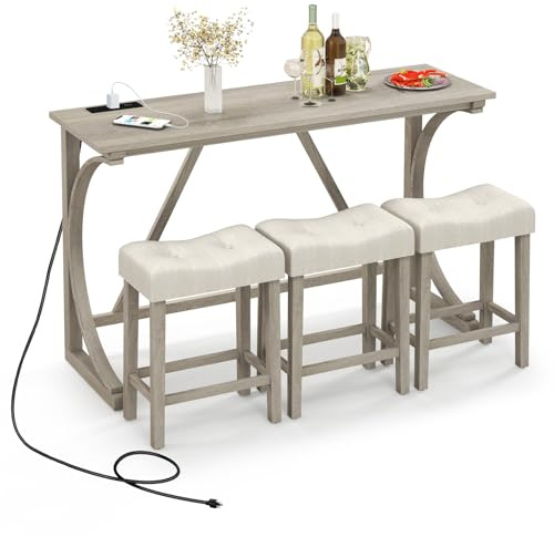 TANGZON 4 Pieces Bar Table Set, Dining Table and 3 Padded Saddle Stools with Charging Station & Footrests, Solid Wood Frame Breakfast Dining Furniture Sets for Home Kitchen Pub Cafe