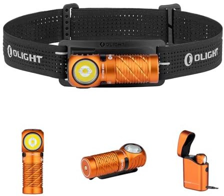 OLIGHT Perun 3 mini Kit Stirnlampe aufladbar, 1250LM, MAX. Laufzeit 60 Tage | tragbar Kopflampe mit großem Ladecase und Kopfband, 5 Weißlicht und 3 Rotlicht Modi für Camping, Angeln und Notfall, Orange