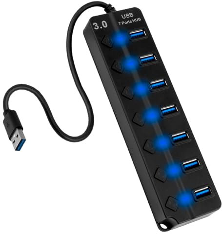 7 Port 3.0 USB Hub 5Gbps Multiport with Individual Power Switches and Lights Multi USB Splitter Port Adapter Extender Extension for Laptop Flash Drives Printer etc